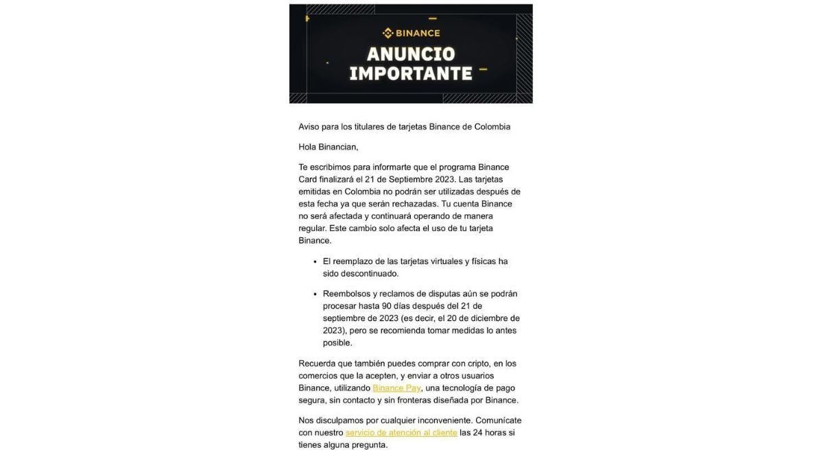 La empresa informó que su tarjeta Binance dejará de estar operativa en Colombia a partir del 21 de septiembre del presente año.