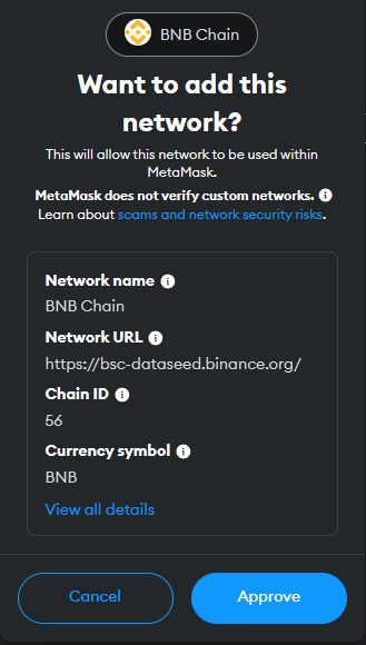 Data to connect to BNB Smart Chain from MetaMask.