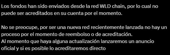 Al intentar retirar WLD, algunos usuarios han recibido respuestas del soporte de Binance indicando que los fondos enviados desde la red WLD Chain no pueden ser acreditados en sus cuentas. Es crucial estar al tanto de estos detalles y seguir las actualizaciones de las plataformas de intercambio