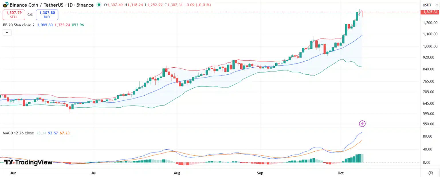El MACD del gráfico de BNB continúa en un cruce alcista, con barras del histograma en expansión que confirman la persistencia del impulso comprador.