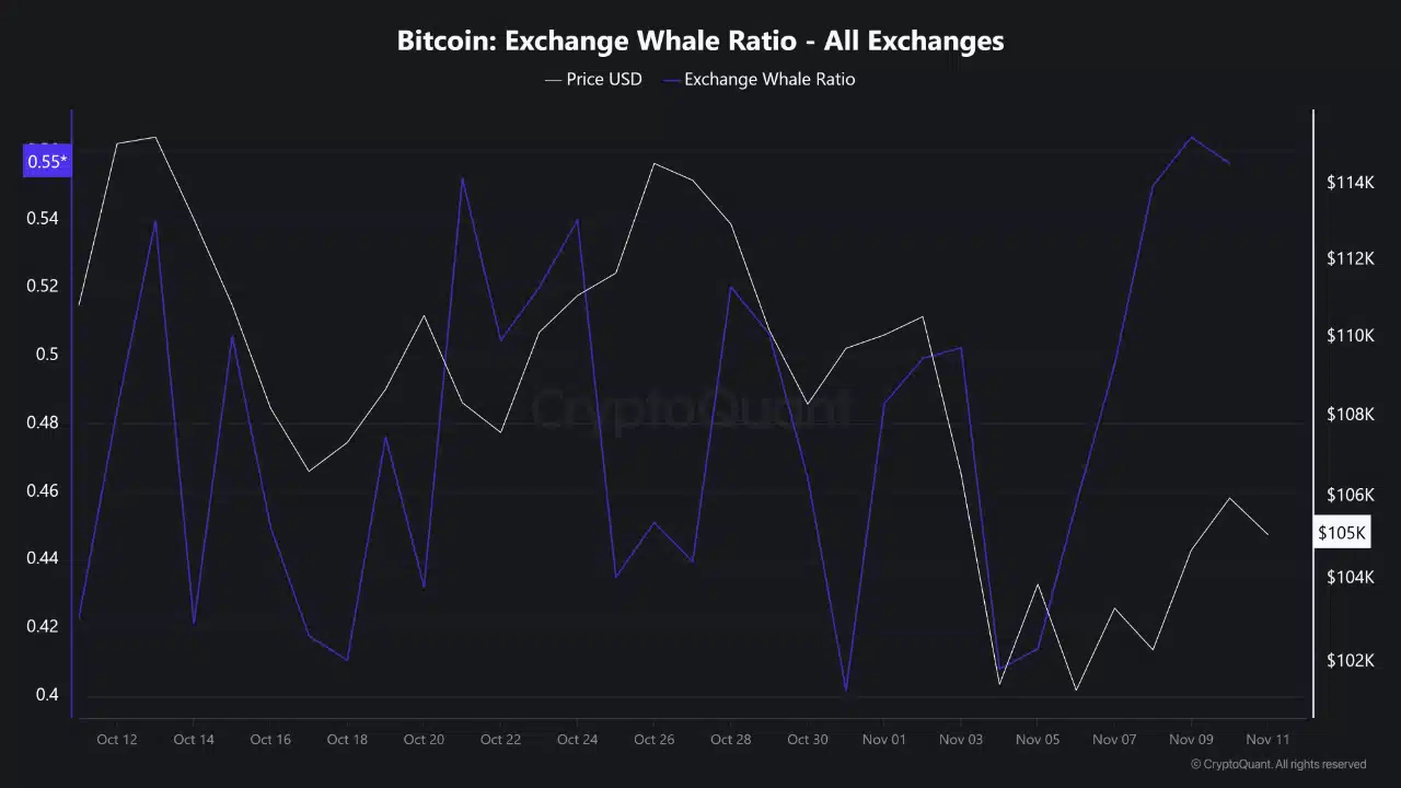 El Exchange Whale Ratio (EWR) —un indicador que mide la proporción de entradas de grandes carteras hacia los exchanges— ha aumentado de 0.35 a 0.55 en las últimas semanas.