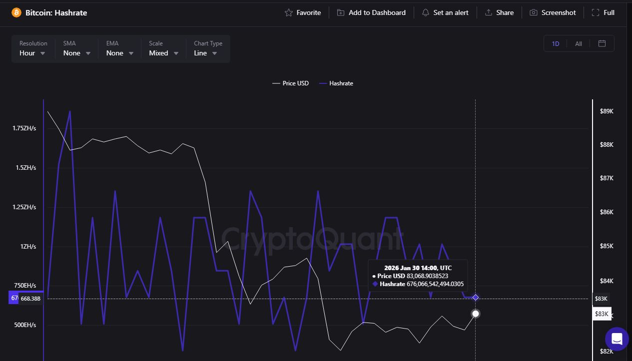Hashrate de Bitcoin y precio de BTC.