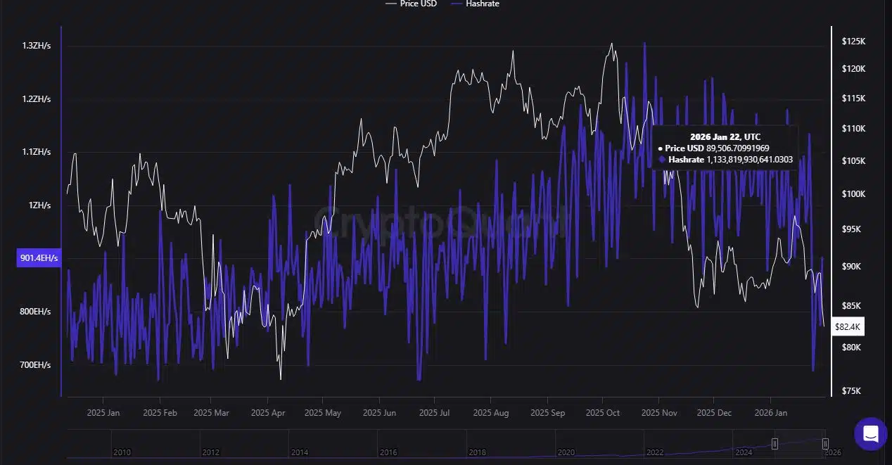 Hashrate de Bitcoin y precio de BTC.