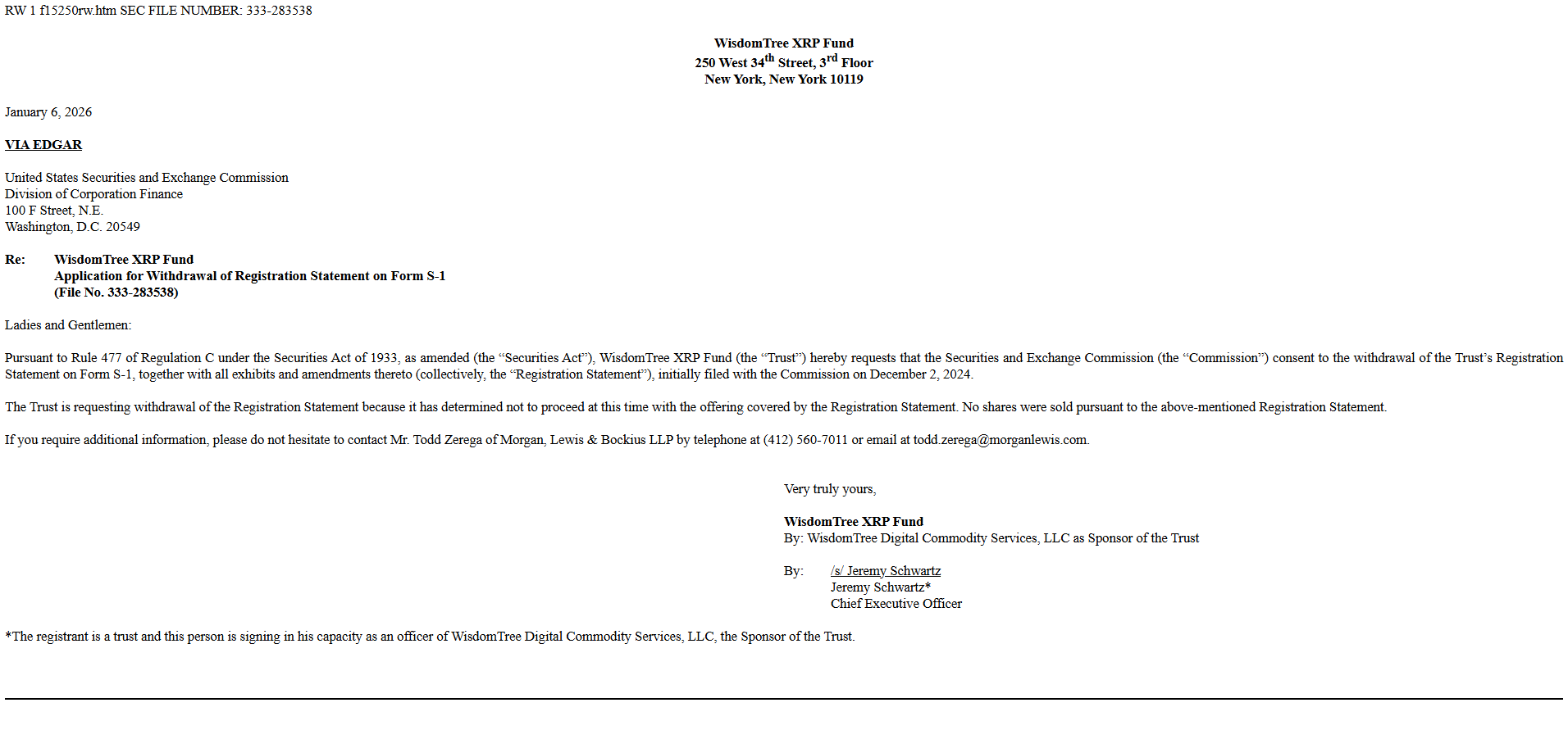 WisdomTree presentó formalmente ante la Comisión de Bolsa y Valores de Estados Unidos (SEC) una solicitud para retirar su aplicación del WisdomTree XRP Fund.