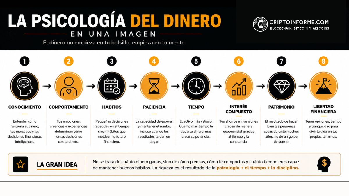 Infografía que explica cómo la psicología del dinero influye en la construcción de riqueza según Morgan Housel, mostrando el proceso desde el conocimiento y los hábitos hasta el interés compuesto y la libertad financiera.