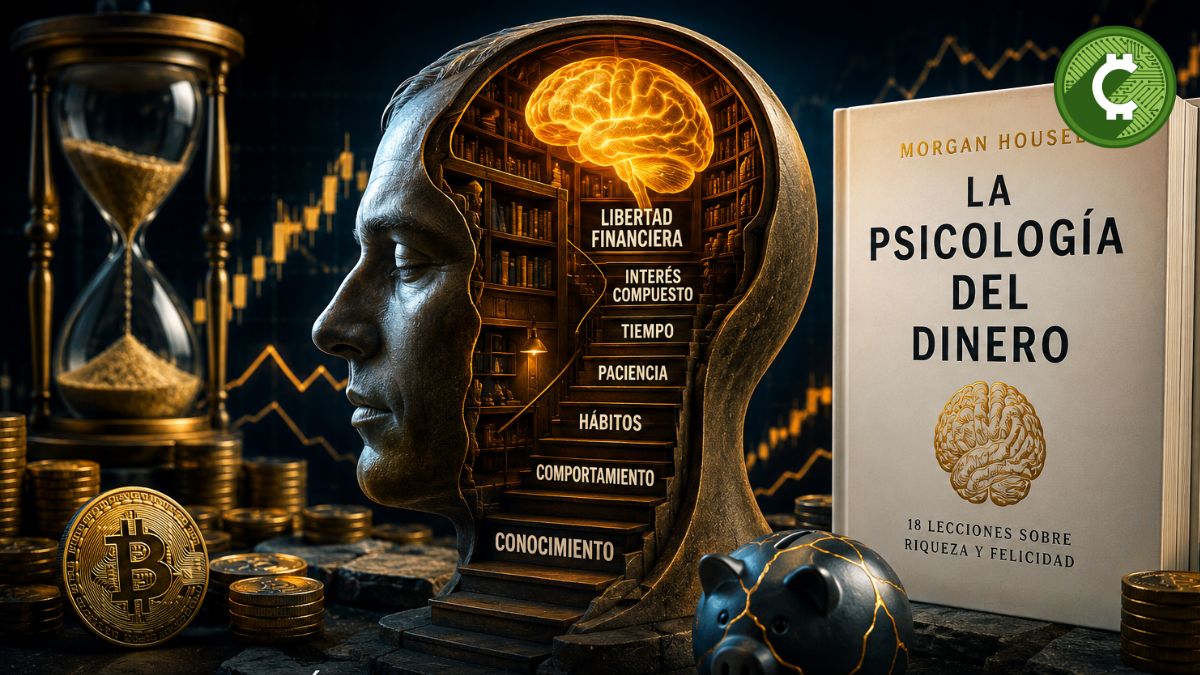 Ilustración conceptual inspirada en el libro La Psicología del Dinero de Morgan Housel, que representa cómo el conocimiento, los hábitos, el tiempo y el interés compuesto conducen a la libertad financiera mediante el comportamiento humano.