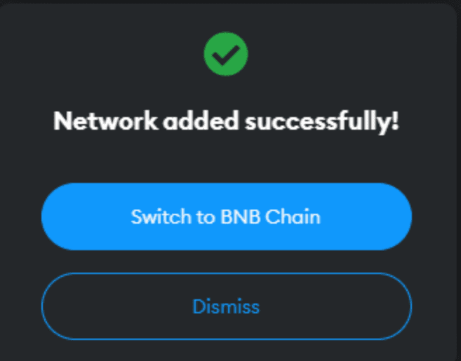Successful confirmation of connection from MetaMask to BNB Smart Chain.