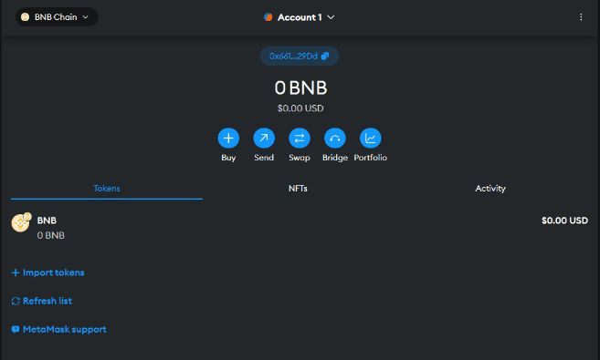 This is what your MetaMask will look like once you are fully connected to the BNB Smart Chain network.