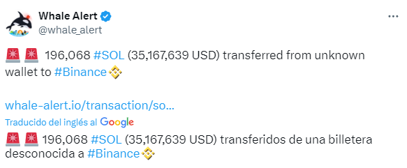 Movimiento de ballena de Solana a Binance.