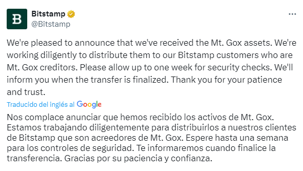 Aviso de pagos por parte de Bitstamp a acreedores de Mt. Gox.