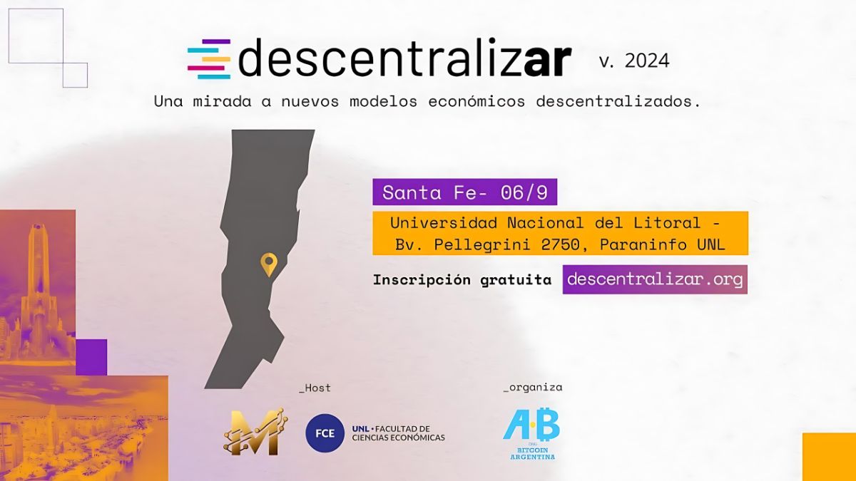 El próximo viernes 6 de septiembre se llevará a cabo la primera jornada de charlas y capacitaciones gratuitas en el marco de Descentralizar 2024, la conferencia gratuita de ONG Bitcoin Argentina en su quinta edición. La inscripción es libre con cupos limitados.