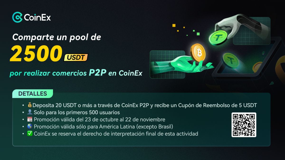 Desde el 23 de octubre hasta el 22 de noviembre de 2024, los usuarios que realicen depósitos a través de la plataforma CoinEx P2P tendrán la oportunidad de participar en un emocionante evento con un pool de $2.500 en recompensas.