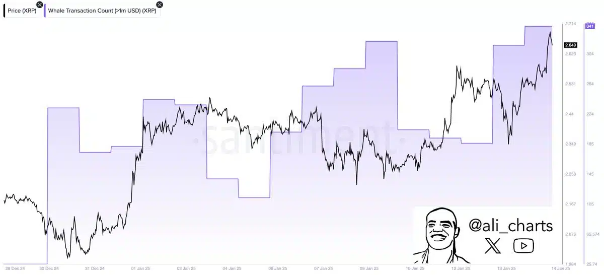 En una publicación reciente de Ali Martinez, el número de transacciones superiores a $1 millón en la red XRP alcanzó un nuevo récord1. Estos datos destacan el creciente interés y demanda por XRP, lo que refuerza su potencial alcista.