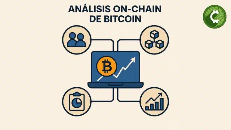 Ilustración conceptual de análisis on-chain de bitcoin, con gráficos, métricas y datos de blockchain conectados a un ordenador central con símbolo de BTC.