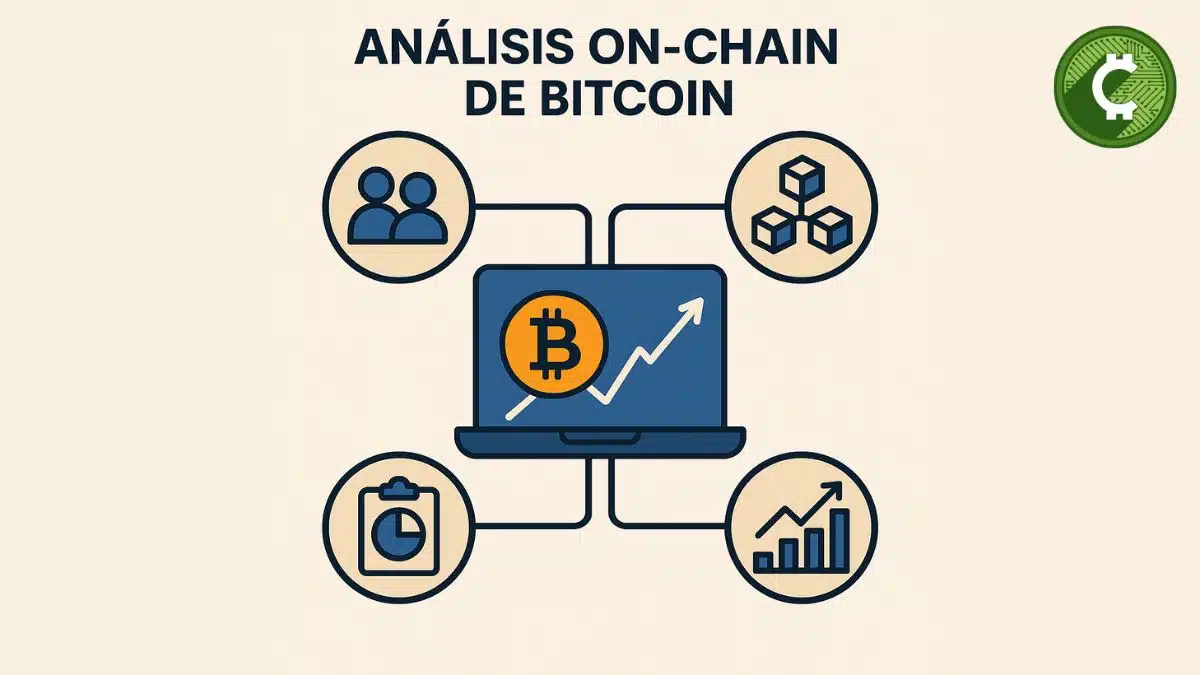 Ilustración conceptual de análisis on-chain de bitcoin, con gráficos, métricas y datos de blockchain conectados a un ordenador central con símbolo de BTC.