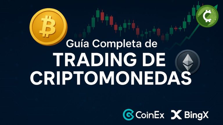 Guía completa de Trading de Criptomonedas con gráficos financieros, logos de CoinEx y BingX, Bitcoin y Ethereum