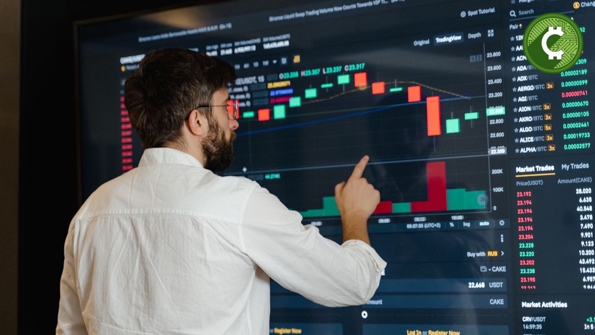 Pantalla con gráficos y análisis técnico para trading de criptomonedas mostrando tendencias y volumen de mercado en tiempo real.