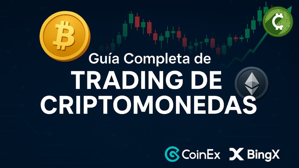 Guía completa de Trading de Criptomonedas con gráficos financieros, logos de CoinEx y BingX, Bitcoin y Ethereum