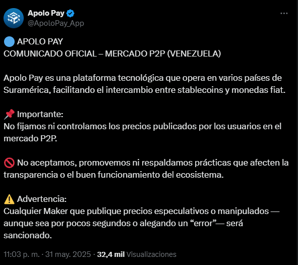 Mensaje de Aplo Pay sobre la situación  relacionada con el dólar en Venezuela.