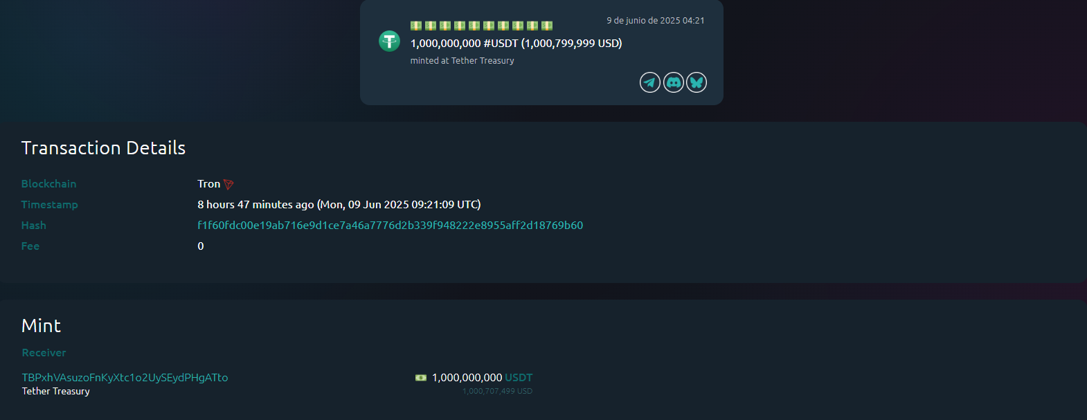 La emisión de Tether en Tron se pudo comprobar en Whale Alert.