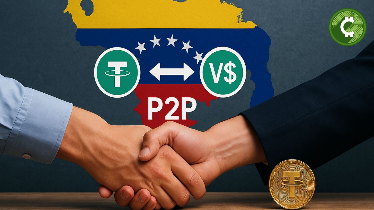 Representación realista del mercado P2P de criptomonedas en Venezuela, mostrando intercambio de USDT por bolívares a través de plataformas como Binance, CoinEx, Bitget y BingX, en un entorno financiero digital