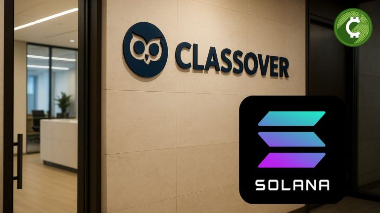 Imagen realista de alta calidad que representa la alianza estratégica entre Classover, empresa de tecnología educativa que cotiza en Nasdaq, y Solana (SOL), enfocada en construir una tesorería corporativa basada en blockchain.