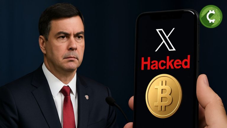 Gráfico realista que representa la cuenta de X del presidente de Paraguay comprometida con una publicación falsa sobre Bitcoin como moneda de curso legal.