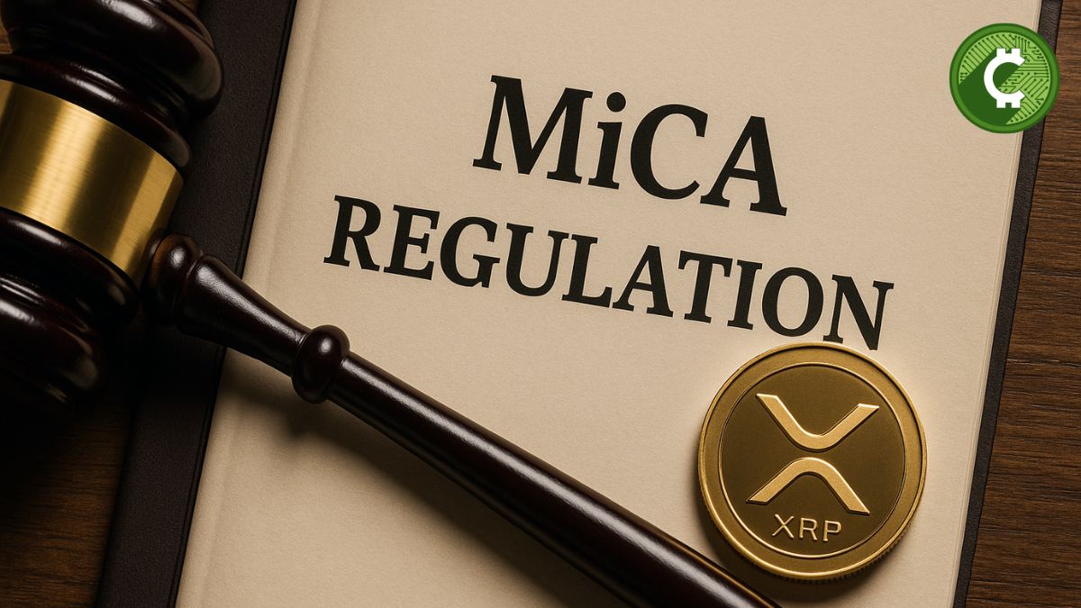 Representación realista de la regulación MiCA de la Unión Europea y su impacto en XRP como utility token.