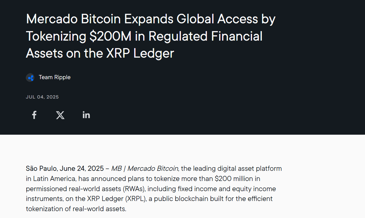 Comunicado oficial de Ripple sobre la tokenización de $200 millones en activos del mundo real de Mercado Bitcoin en XRPL.