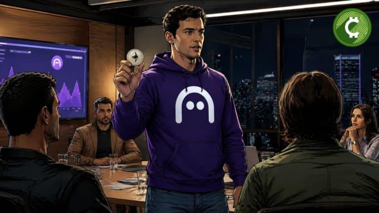 Persona con sweater de Aave mostrando una moneda de Ethereum en una reunión tras el exploit de Kelp DAO en DeFi