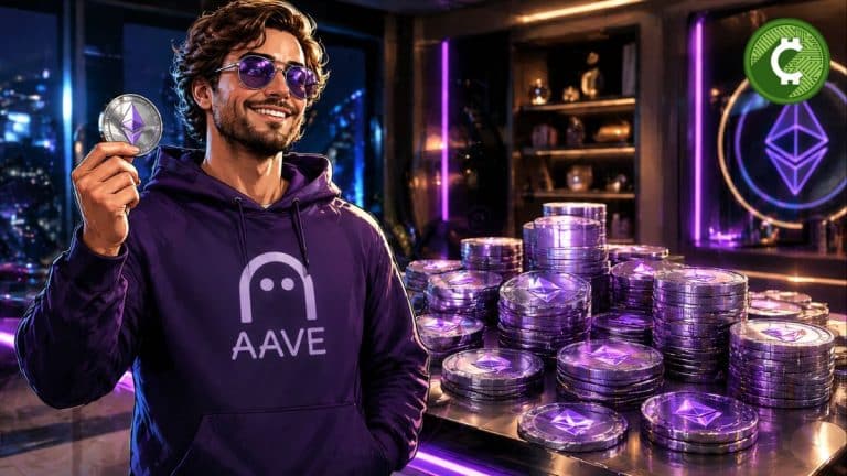 Persona con hoodie de Aave sosteniendo una moneda de Ethereum junto a múltiples monedas ETH, representando la recaudación para cubrir la deuda tras el exploit de Kelp DAO en DeFi