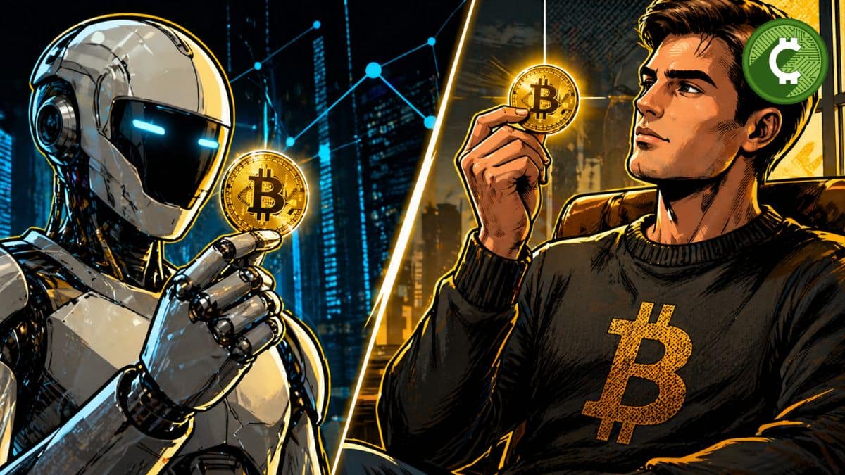 Agente de IA y humano sosteniendo Bitcoin representando el futuro de crypto impulsado por inteligencia artificial