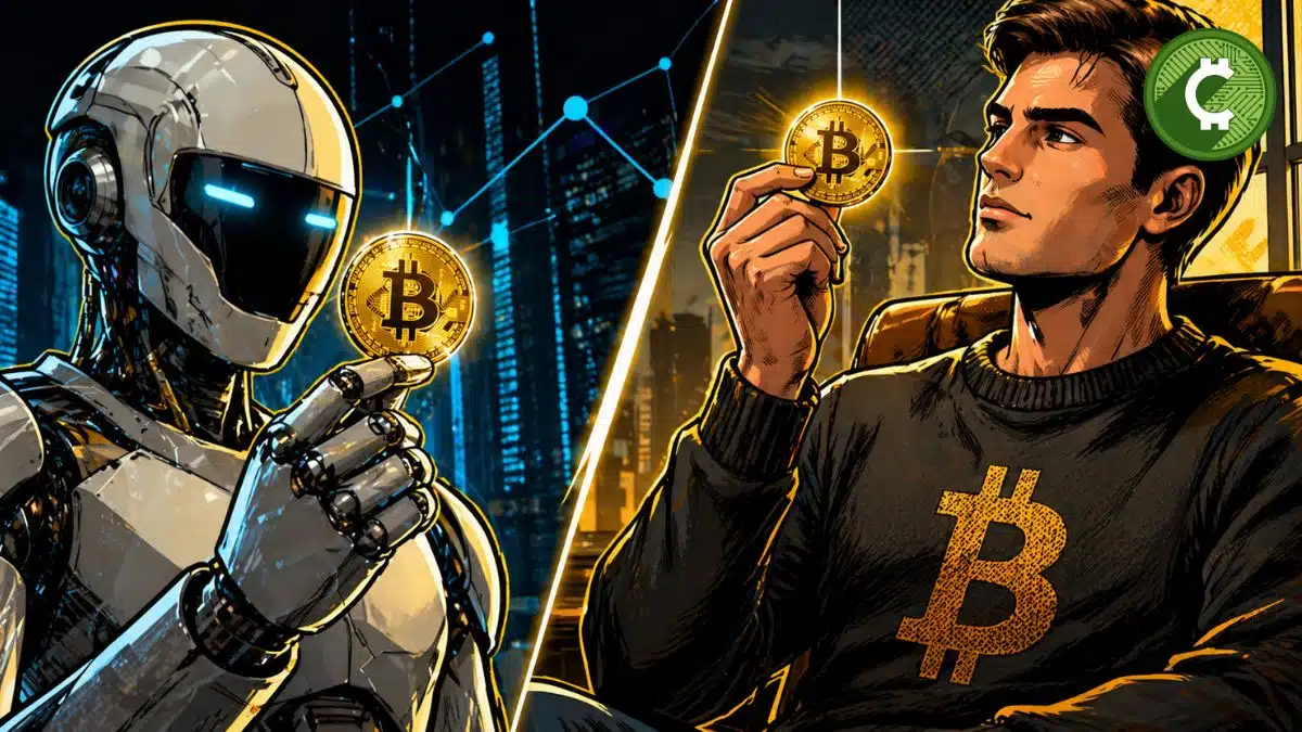 Agente de IA y humano sosteniendo Bitcoin representando el futuro de crypto impulsado por inteligencia artificial