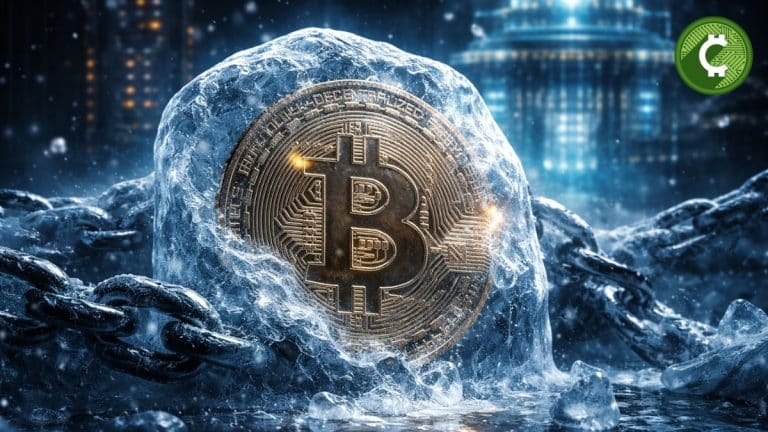 Bitcoin congelado en hielo representando la propuesta BIP-361 y el riesgo de congelamiento de BTC ante la amenaza de la computación cuántica