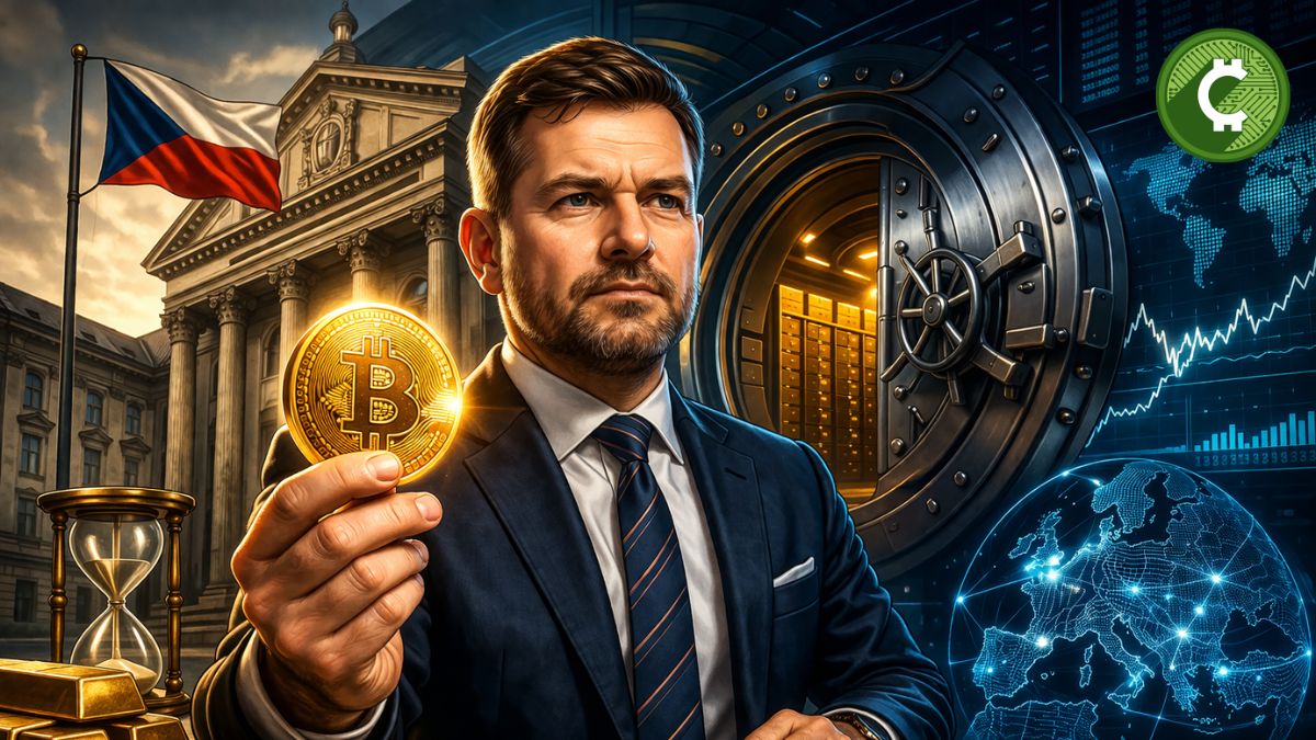 Banco central sosteniendo Bitcoin como activo de reserva en República Checa, ilustración sobre adopción institucional