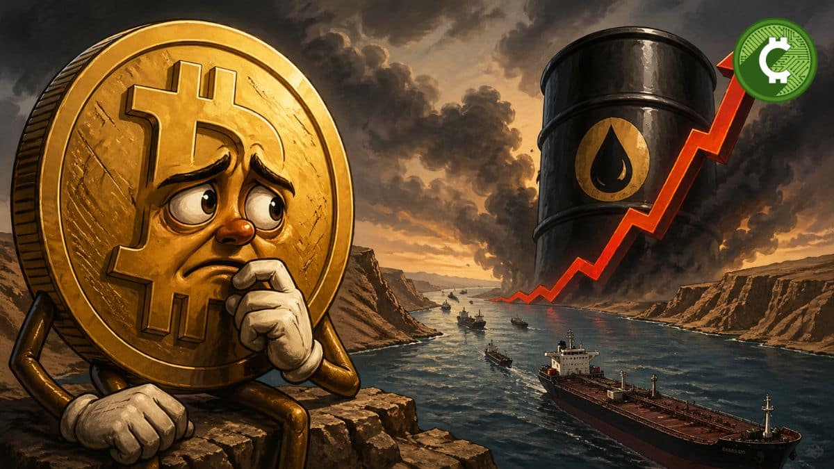 Ilustración de Bitcoin en incertidumbre con petróleo al alza y tensión en el Estrecho de Ormuz
