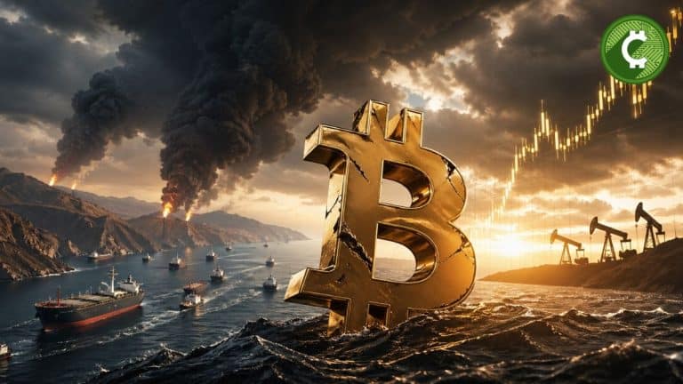 Bitcoin en un escenario de incertidumbre con el precio del petróleo subiendo y el Estrecho de Ormuz al fondo en medio de tensiones geopolíticas