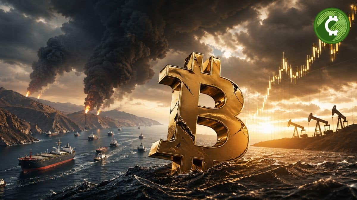 Bitcoin en un escenario de incertidumbre con el precio del petróleo subiendo y el Estrecho de Ormuz al fondo en medio de tensiones geopolíticas