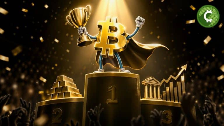 Bitcoin en el primer lugar de un podio celebrando su liderazgo como el activo más rentable de la última década