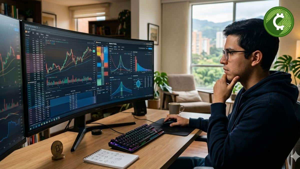 Trader analizando opciones de Bitcoin en su computador mientras el mercado enfrenta alta volatilidad por vencimiento de contratos.
