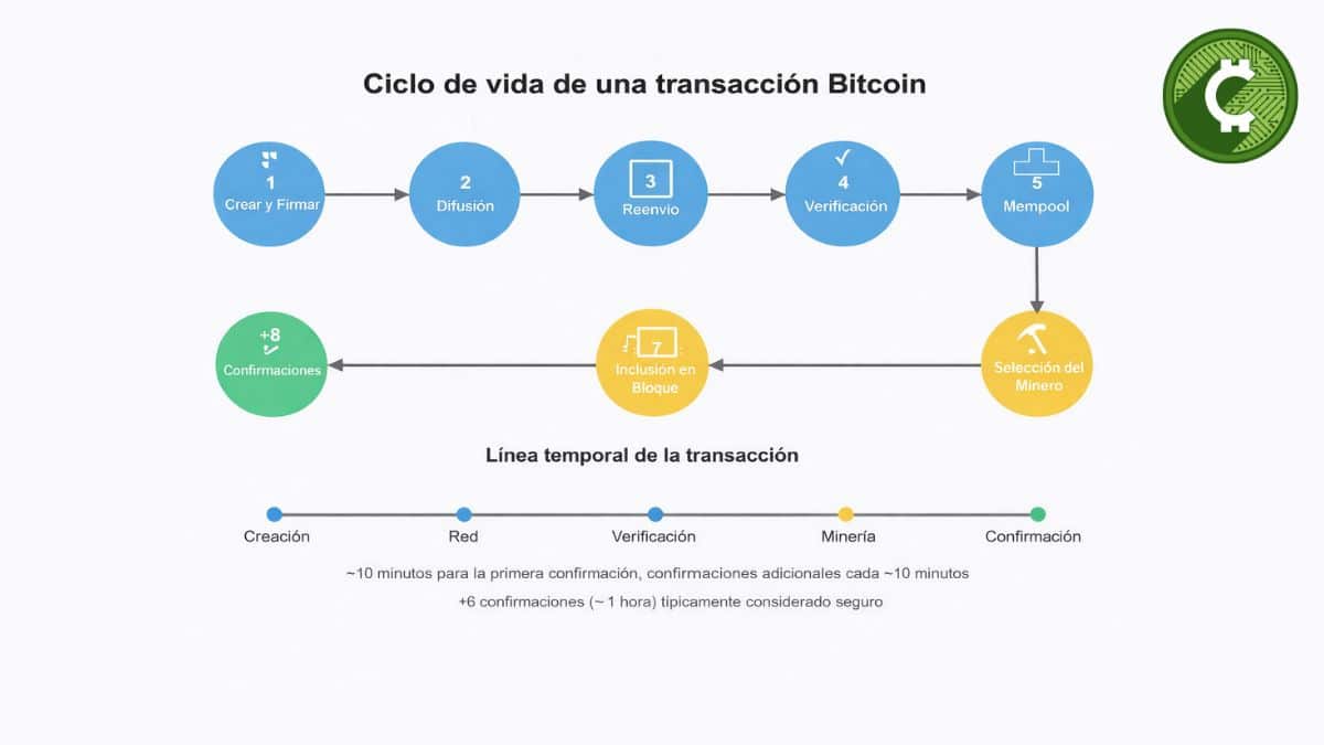 ciclo de vida de una transacción Bitcoin paso a paso desde creación hasta confirmaciones en la red