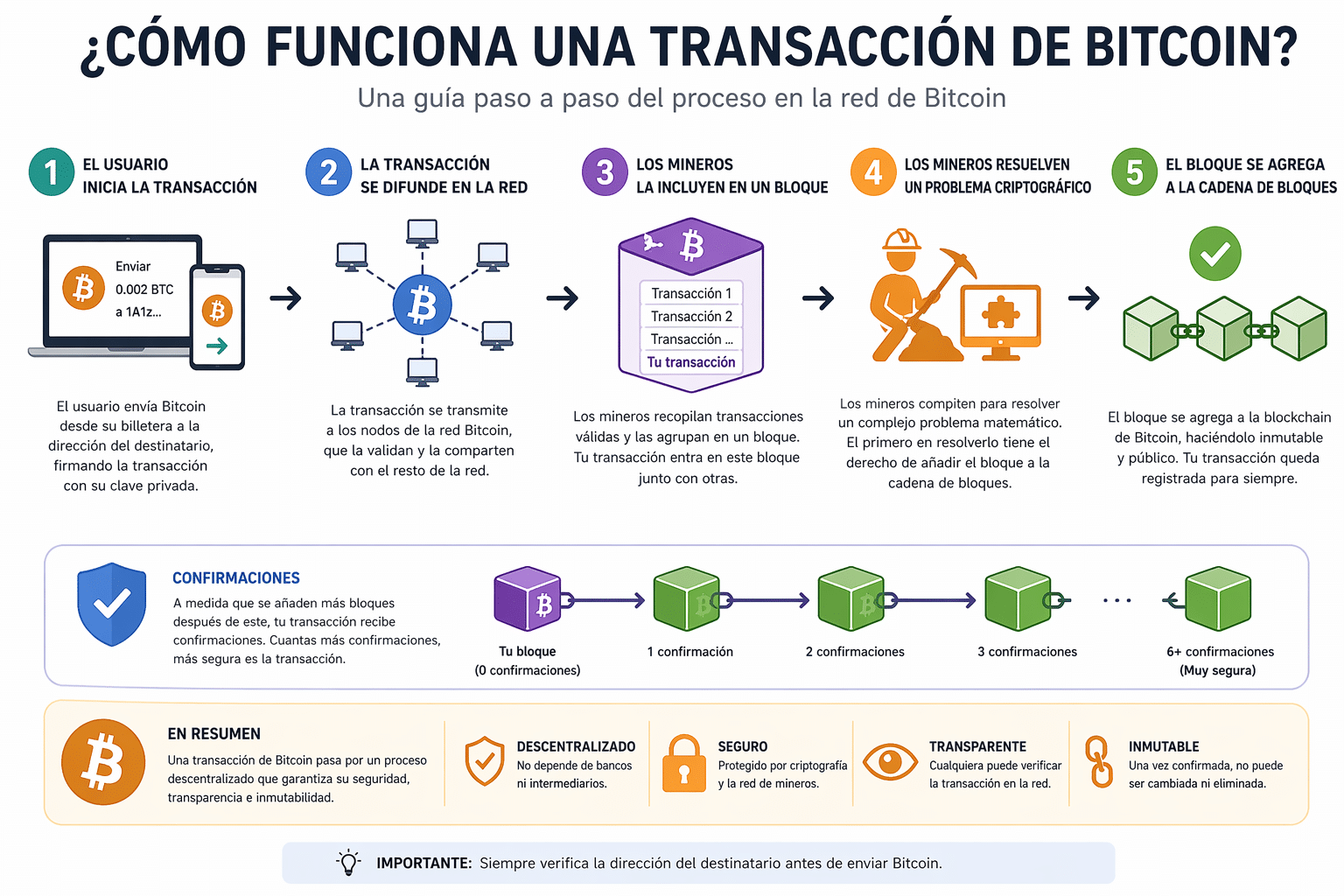 cómo funciona una transacción Bitcoin paso a paso desde el envío hasta la confirmación en la blockchain