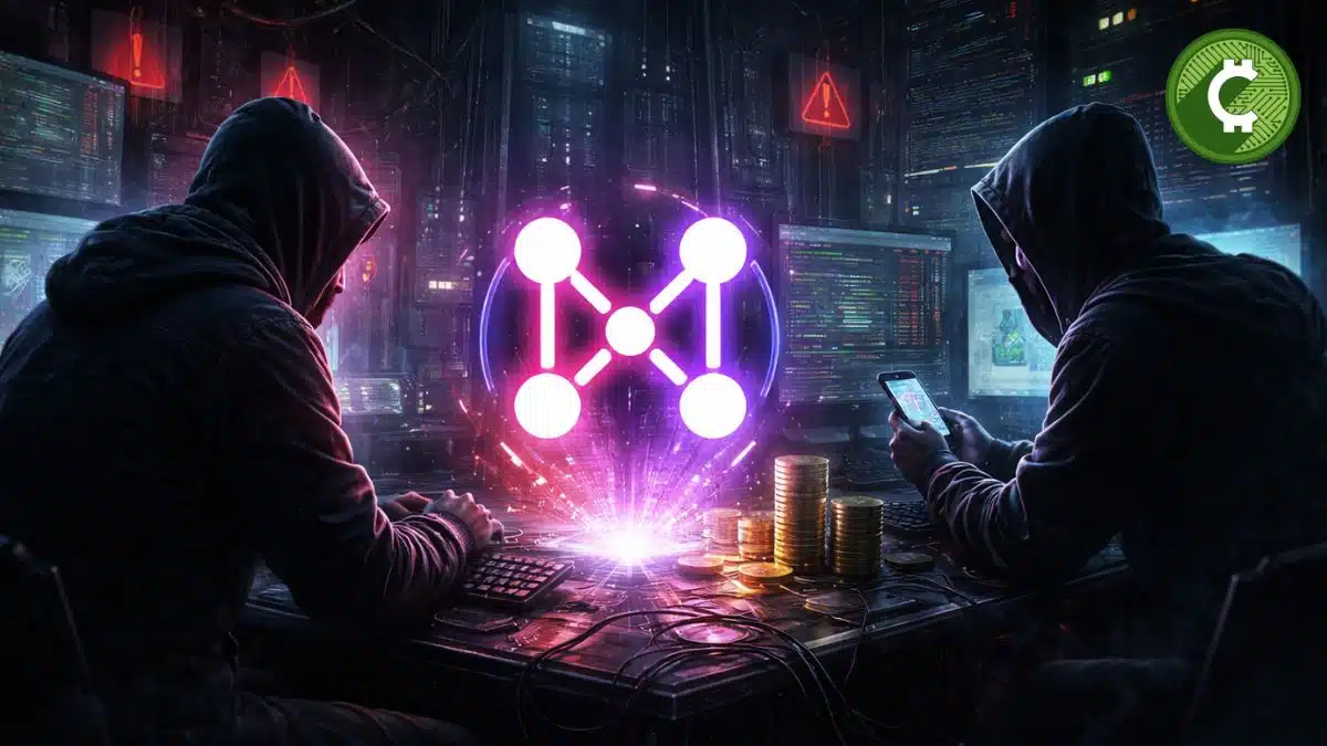 Hyperbridge exploit en Polkadot representado con hackers en un entorno oscuro accediendo a un sistema blockchain multichain