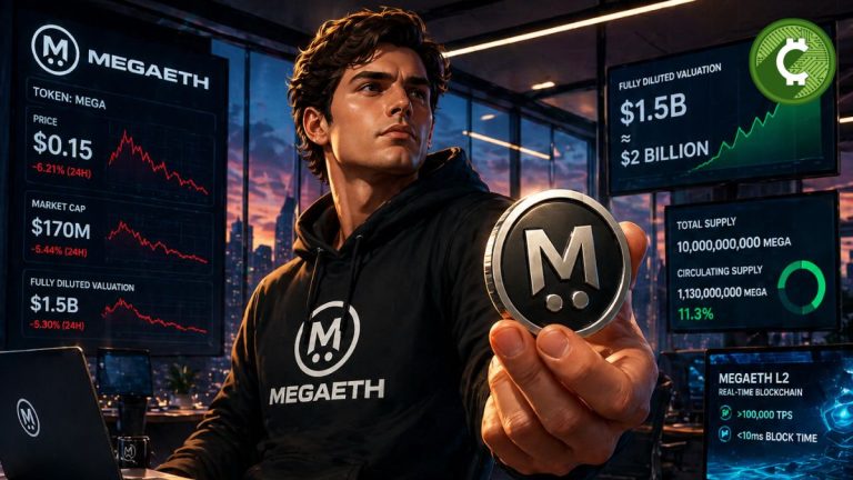 MegaETH token MEGA lanzamiento con valoracion cercana a 2000 millones en oficina con pantallas mostrando precio y datos del mercado