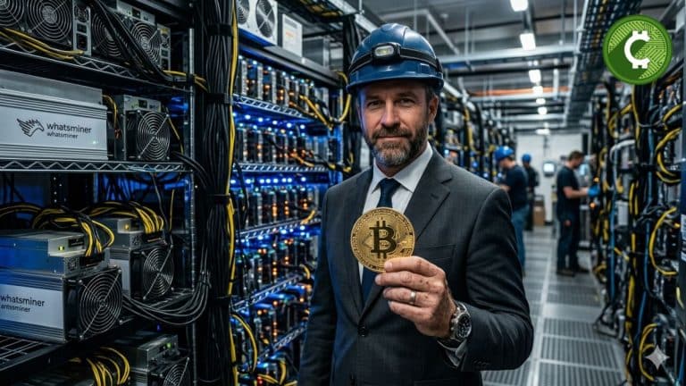 Minero de Bitcoin institucional sosteniendo una moneda BTC en un entorno industrial, representando la presión de venta en el mercado en 2026