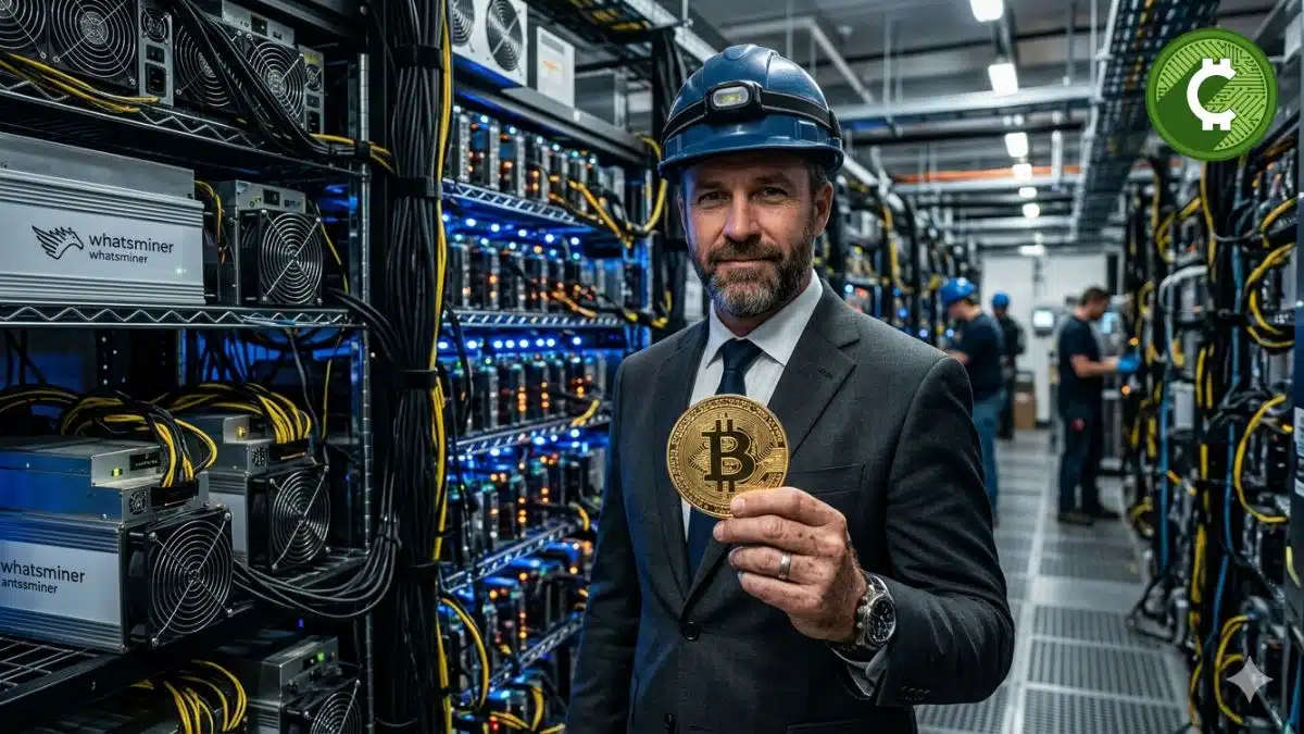 Minero de Bitcoin institucional sosteniendo una moneda BTC en un entorno industrial, representando la presión de venta en el mercado en 2026