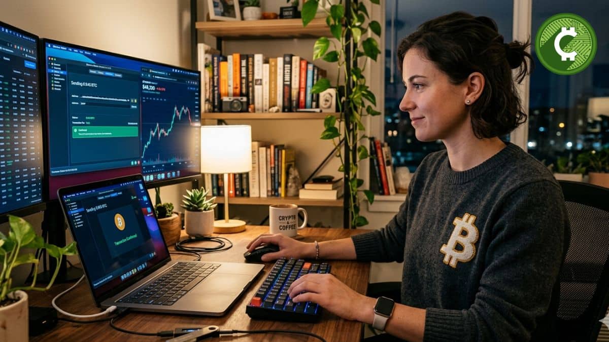 Persona realizando una transacción de Bitcoin desde su computadora usando una billetera digital, envío de BTC con confirmación en la red