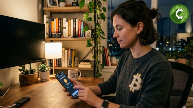 Persona realizando una transacción de Bitcoin desde iPhone usando una billetera digital con envío de BTC y confirmación en la red