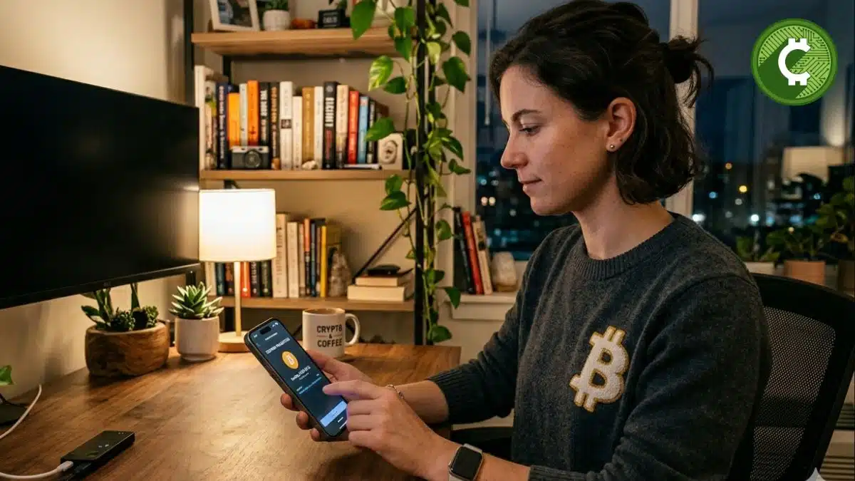 Persona realizando una transacción de Bitcoin desde iPhone usando una billetera digital con envío de BTC y confirmación en la red