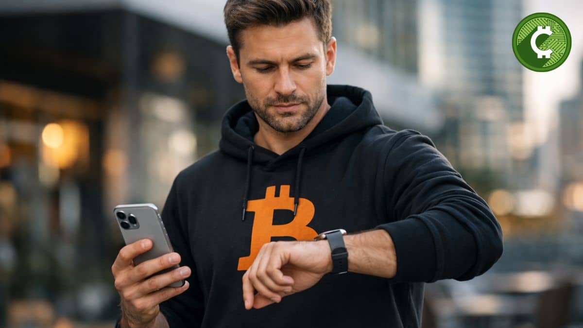 Persona revisando el tiempo de confirmación de una transacción de Bitcoin desde su iPhone mientras espera la validación en la red